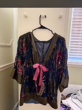 Hale Bob Navy Peacock Print Silk Blouse with Pink Tie